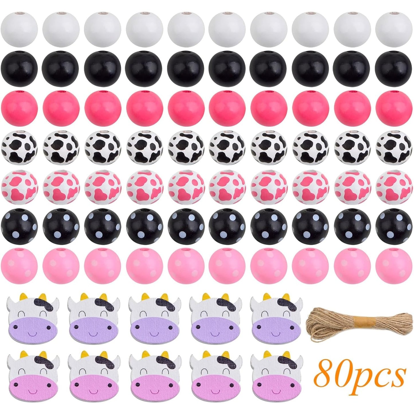 80pcs Mixed Cow Style Print Wood Beads Natural Round Wood Beads Handmade Polished Cow Spacer Beads with a Hemp Rope for DIY Crafts Garland Jewelry Making Party Decoration