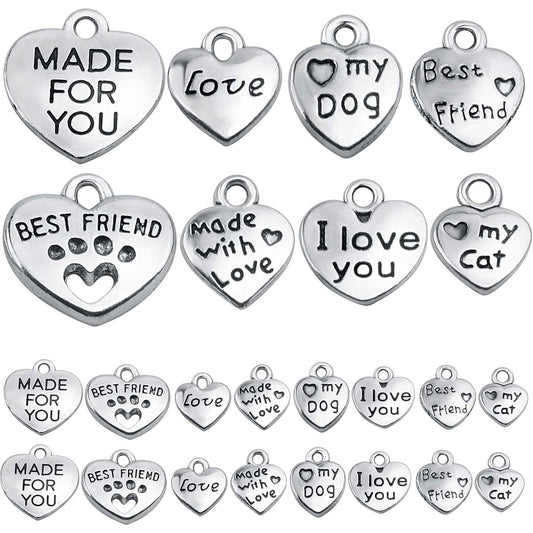 80pcs Mini Heart Shape Word Charms Alloy Engraved with Various Message Word Dangle Pendants with a Box for DIY Bracelet Necklace Jewelry Making Gift, Antique Silver