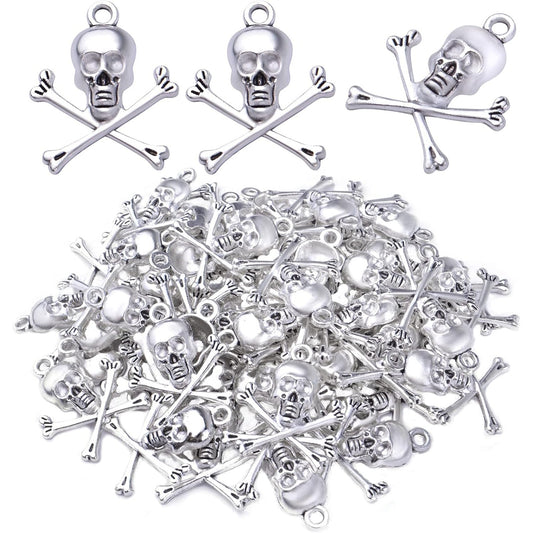 50pcs Skeleton Skull Charms Tibetan Alloy Skull Head Pendants Halloween Theme Charms Jewelry Making Accessories for DIY Necklace Bracelet Earrings Crafts, Antique Silver, 23.5 mm x 19.5 mm