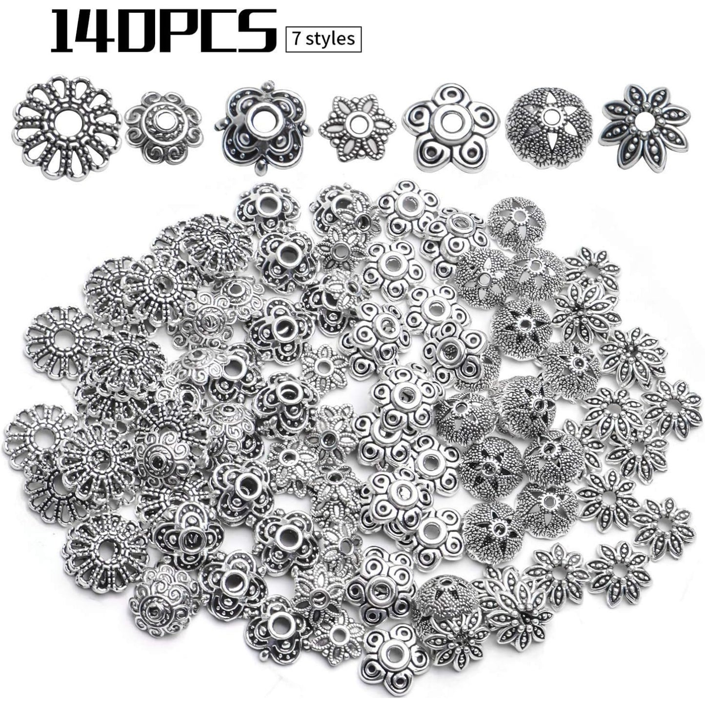 Silver Bead Caps,140pcs Tibetan Bead Caps Vintage Flower Beads Ends Loose Spacer Beads DIY Jewelry Findings for Crafts Making Bracelet Necklace Arts,7 Styles