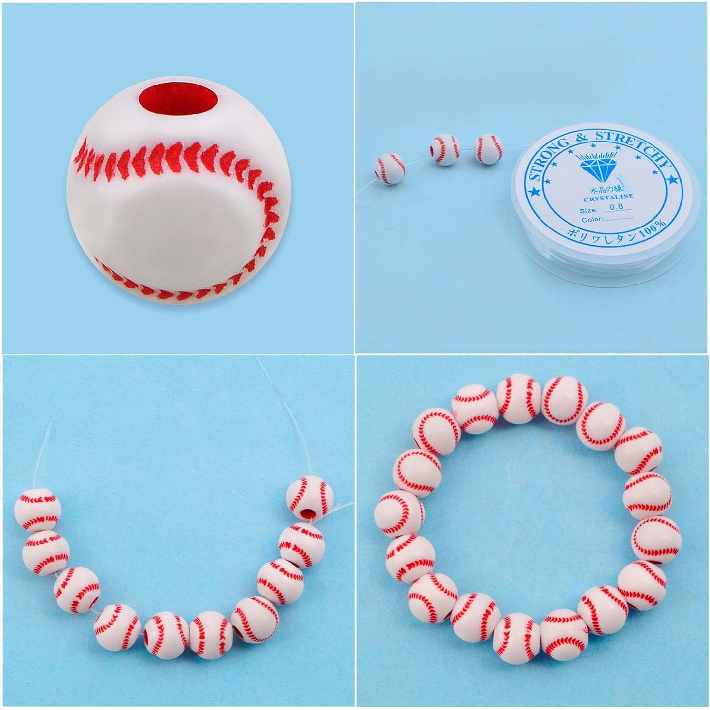 120pcs Round Baseball Spacer Beads Acrylic Baseball Sport Beads with A Roll 6 m of Elastic Crystal String for DIY Necklace Bracelet Jewelry Making Craft Projects