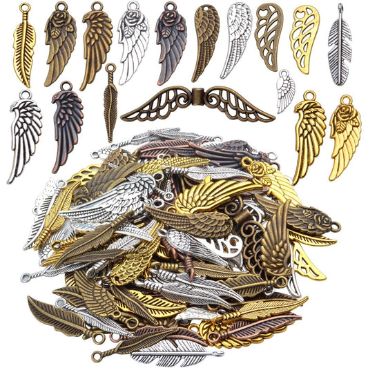100 Pieces Mixed Colors alloy Angel Feather Wings Charms Pendants Jewelry Findings for DIY Necklace Bracelet