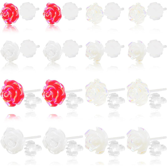 8 Pairs 4 Colors Resin Rose Flower Stud Earrings Romantic Rose Shaped Earring Pin Posts with Soft Earring Backs for Sensitive Ears DIY Jewelry Making Supplies, 6 mm/8 mm