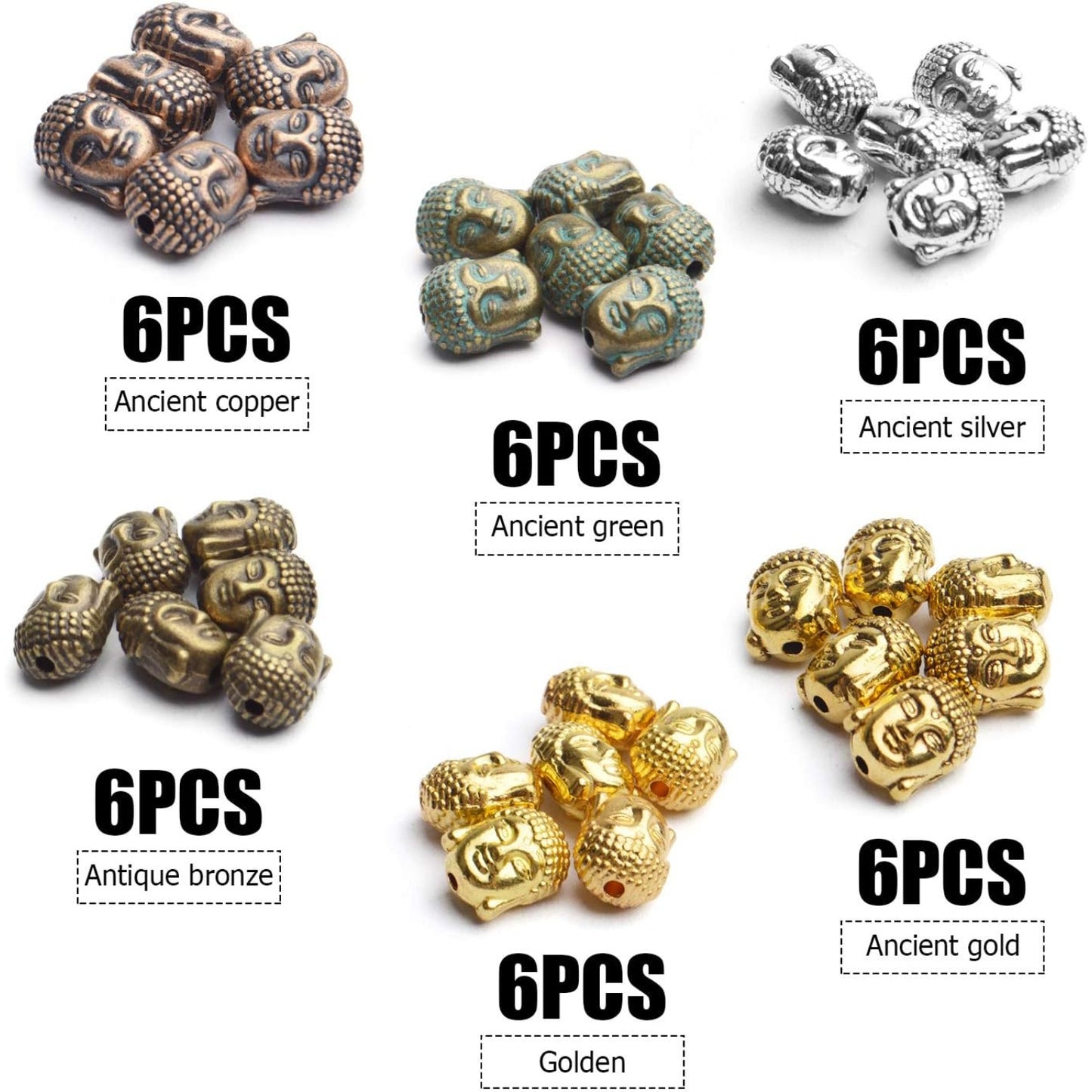 36pcs 6 Colors Buddha Head Beads Tibetan Alloy Charm Connector Beads Loose Spacer Beads for DIY Bracelet Necklace Jewelry Making and Crafting