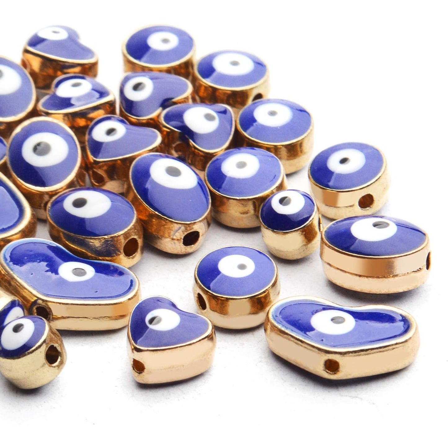Blue Evil Eye Beads,30pcs Alloy Evil Eye Spacer Beads Round Heart Oval Evil Eye Beads Charms Gold Plated Evil Eye Beads Bulk for DIY Bracelet Necklace Crafts Jewelry,1-6mm Diameter