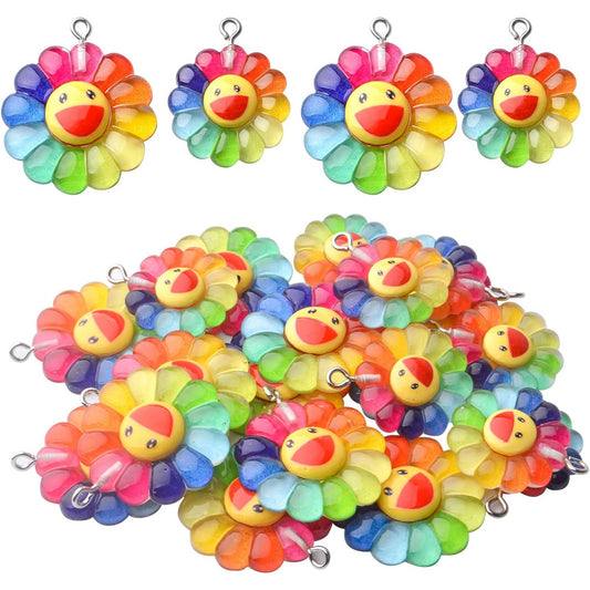 Sunflower Pendants, 20pcs Resin Rainbow Flower Charms & Smiley Face Cabochons for DIY Jewelry, 2 Sizes