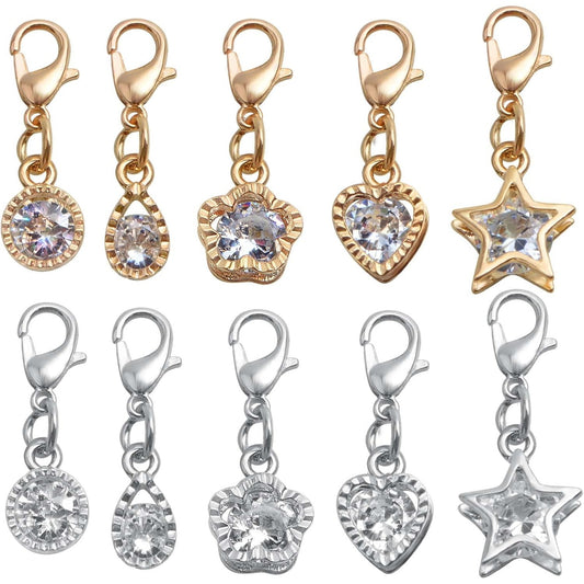 20pcs 2 Colors Cubic Zirconia Charms Metal Round Heart Star Plum Bossom Drop Shaped Pendants with Lobster Clasps for DIY Necklace Earrings Jewelry Making Supplies, 5 Styles