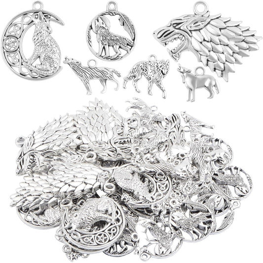 48 Pieces Vintage Alloy Mixed Wolf Shape Charms Tibetan Silver Animal Wolf Head Dangle Pendants for DIY Handmade Projects Jewelry Making Supplies, 6 Styles