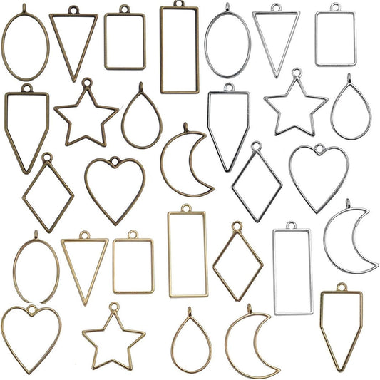 Open Back Bezel Pendants, 30 Pieces Mixed Geometric Hollow Pendants Bezel Charms for Resin Earrings Necklace Bracelet, 3 Colors