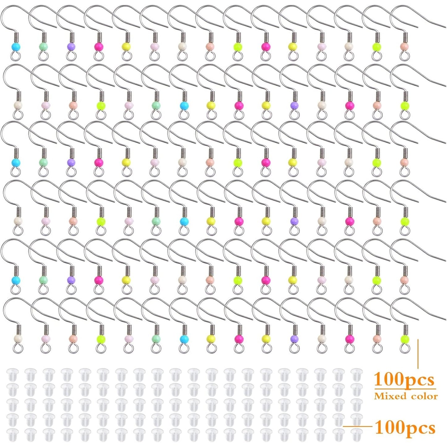100pcs Mixed Colors Stainless Steel Earring Hooks Hypoallergenic French Earring Fish Hooks and 100pcs Clear Earring Backs Stoppers for DIY Jewelry Making Supplies Gift