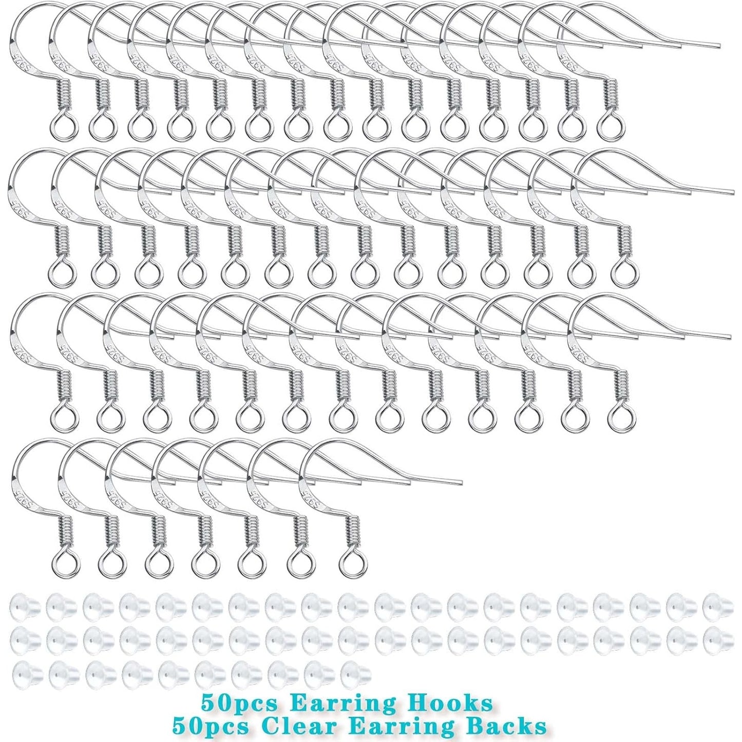 50pcs 925 Sterling Silver Earring Hooks Hypoallergenic Earwire Fish Hooks and 50pcs Silicone Clear Earring Safety Backs for DIY Earring Jewelry Making Supplies