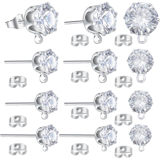 40pcs 925 Sterling Silver Cubic Zirconia Earring Studs Round Diamond Stud Earrings with Loop and 40pcs Butterfly Earring Backs for Women Men DIY Jewelry Making, 4mm/5mm/6mm/8mm