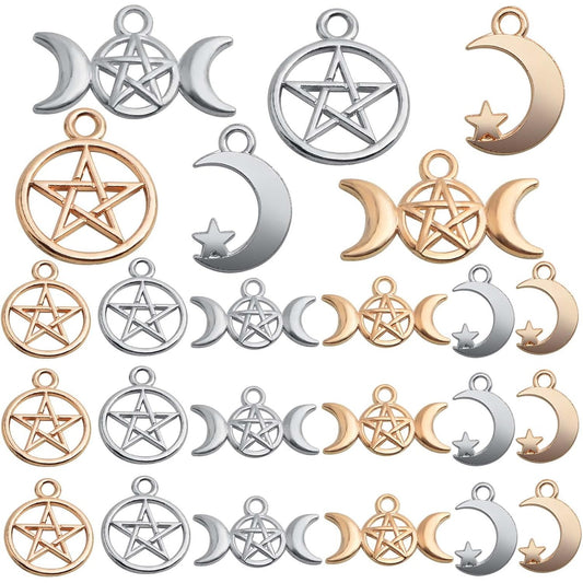 60pcs 3 Styles Hollow Star and Crescent Moon Charms Triple Moon Goddess Pendants Alloy Celestial Pentagram Moon Dangle Pendants for DIY Bracelet Necklace Earrings Decor, 2 Colors
