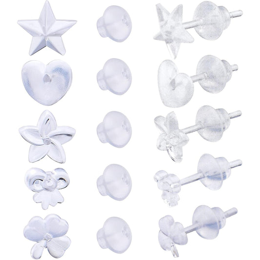 50pcs Clear Resin Earring Studs & Backs, 5 Styles, DIY Jewelry Making Findings, Adult, Non-Foldable