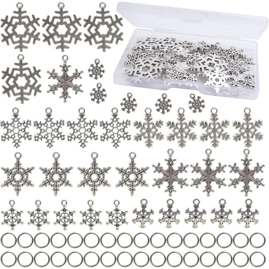 40pcs Antique Silver Mixed Snowflake Charms Alloy Christmas Snowflake Pendants and 40pcs White K Open Jump Rings with a Plastic Box for DIY Bracelet Jewelry Making Supplies