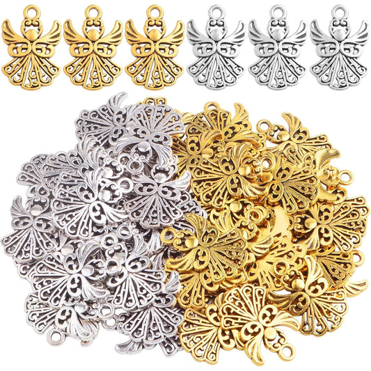 50pcs Vintage Angel Charms Tibetan Alloy Fairy Angel Wing Dangle Pendants Craft Accessories for DIY Bracelet Necklace Jewelry Making Handmade Decor, 2 Colors