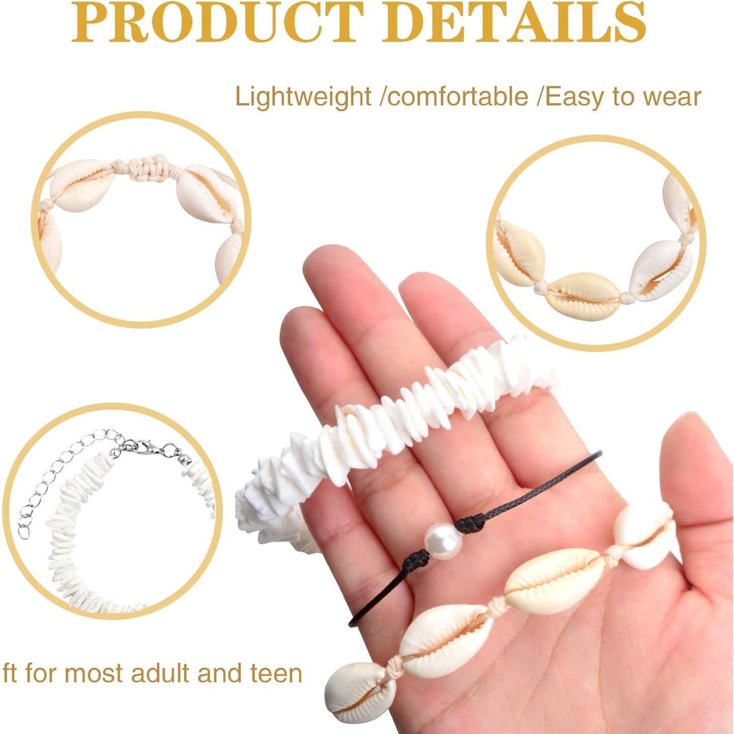 4pcs Puka Shell Necklaces Adjustable Natural Seashell Pearl Bead Choker Necklace Handmade Cowrie Shells Surfer Bracelet Hawaiian Summer Beach Boho Jewelry Set for Women Gifts