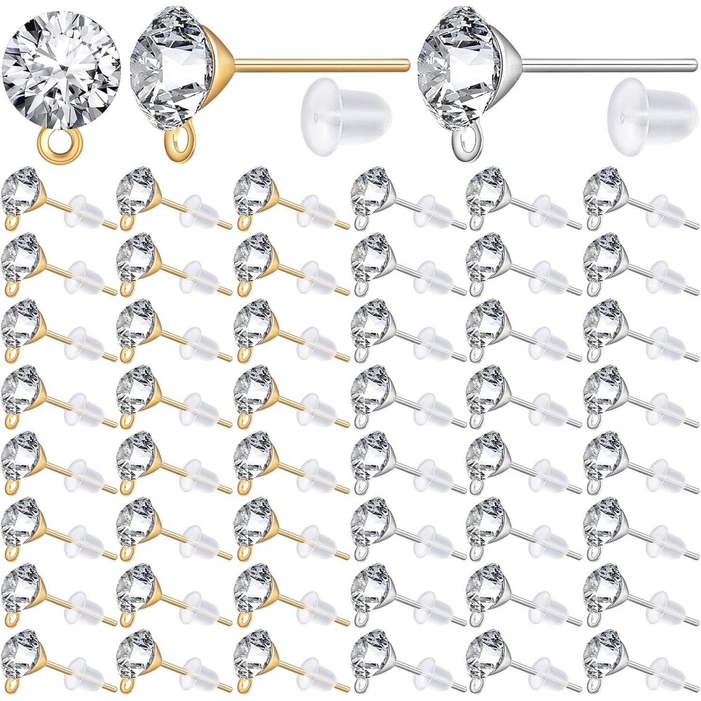 100 Pieces 6 mm 2 Colors Rhinestone Earring Studs Metal Earring Posts with Loop and 100 Pieces Clear Bullet Earring Backs for DIY Dangle Jewelry Making Supplies