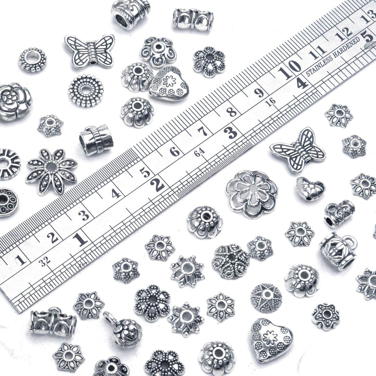 200g (About 400-500pcs) Tibetan Alloy Spacer Beads Flower Bead Caps Bail Tube Beads Rondelle Flower Heart Loose Charm Beads for DIY Bracelet Necklace Crafts Jewelry Making