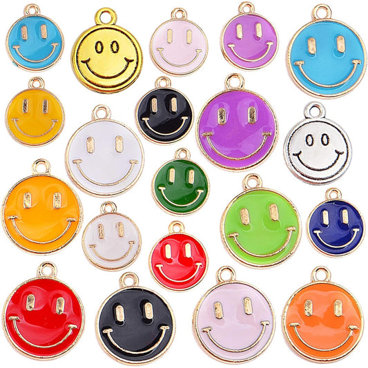 60pcs Golden Plated Colorful Enamel Smiley Face Charms Antique Alloy Smiling Happy Face Dangle Pendants Craft Supplies for DIY Jewelry Making Decorative Gifts, 3 Sizes