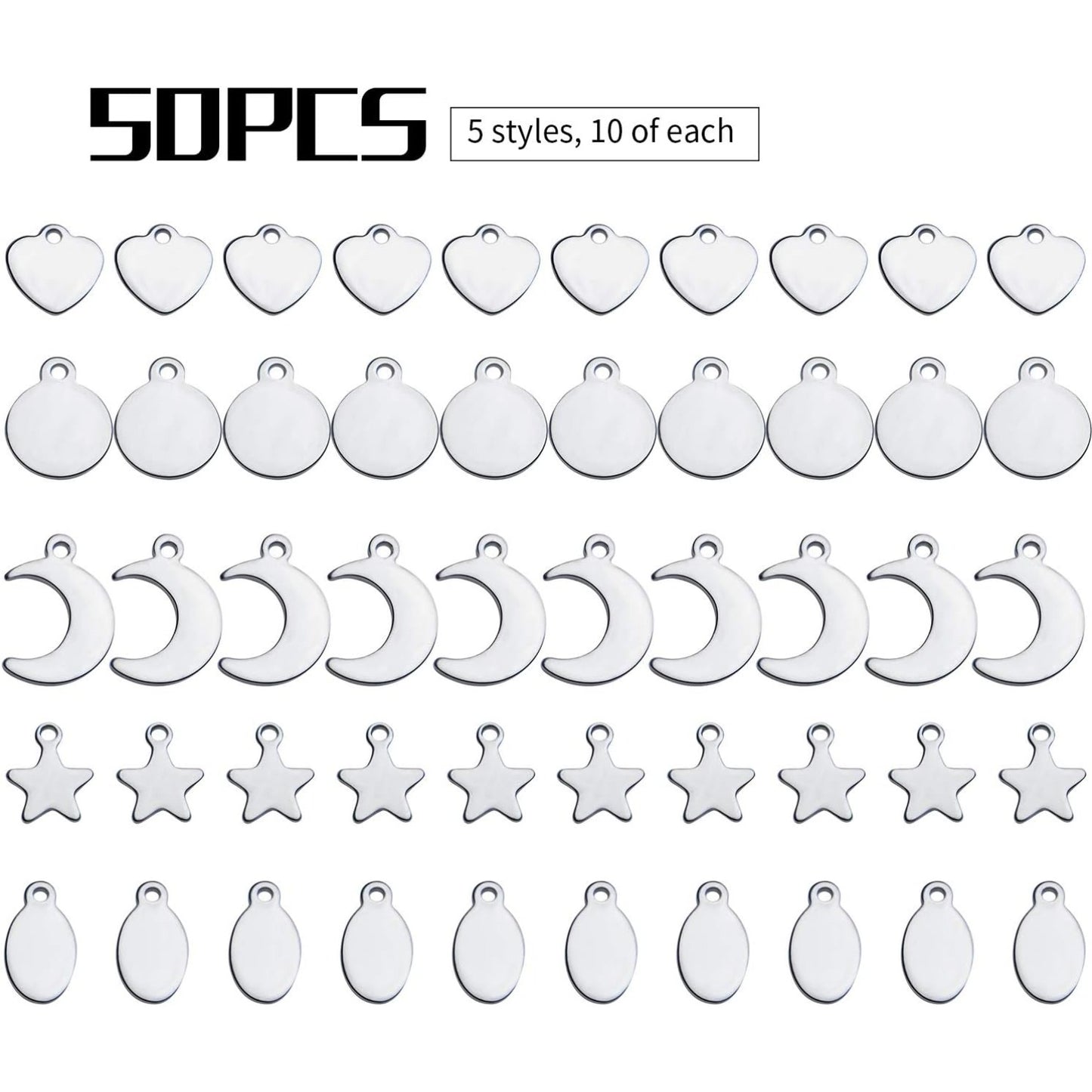 Tag Pendants, 50pcs Stainless Steel Tag Pendants Charms Blank Stamping Flat Mixed Shapes Metal Tag Pendants for Bracelet Necklace Earring DIY Jewelry Making