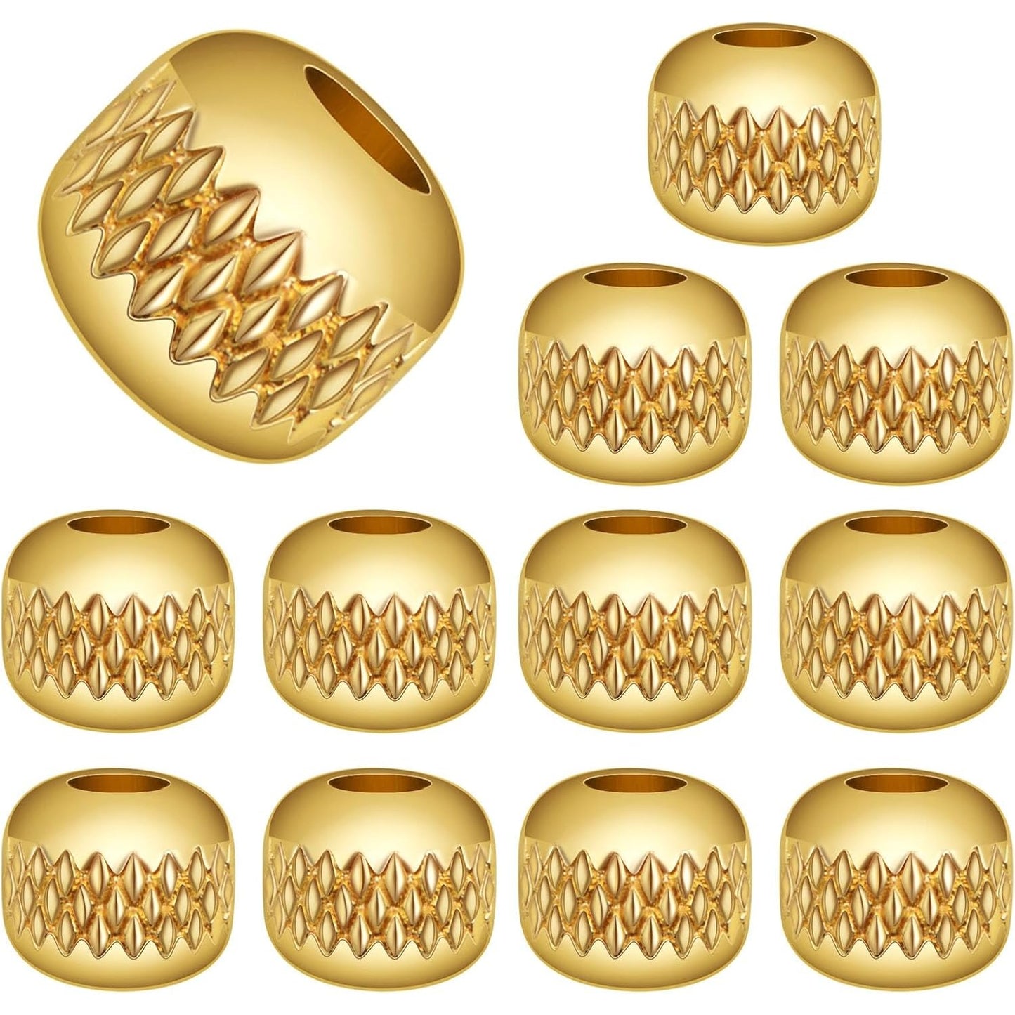 12pcs 8 mm Golden Round Large Hole Textured Spacer Beads Hypoallergenic Brass Pineapple Stripe Rondelle Loose Beads for DIY Leather Cord Snake Chain Bracelet Jewelry Making