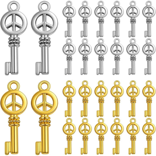 50pcs Vintage Peace Symbol Keys Charms Bulk Alloy Key Pendants with Peace Sign Handmade Accessories for DIY Necklace Keychains Crafts Jewelry Making Home Decoration, 2 Colors