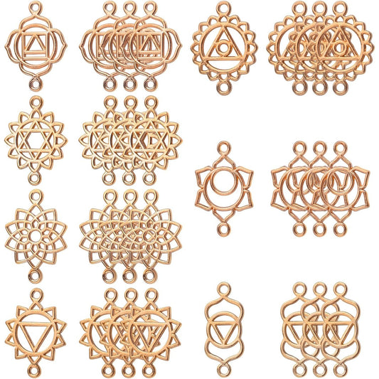70pcs KC Golden Chakra Energy Charms Connectors Alloy Yoga Inspirational Hollow Flower Chakra Pendants Links for DIY Bracelet Necklace Jewelry Making Supplies, 7 Styles