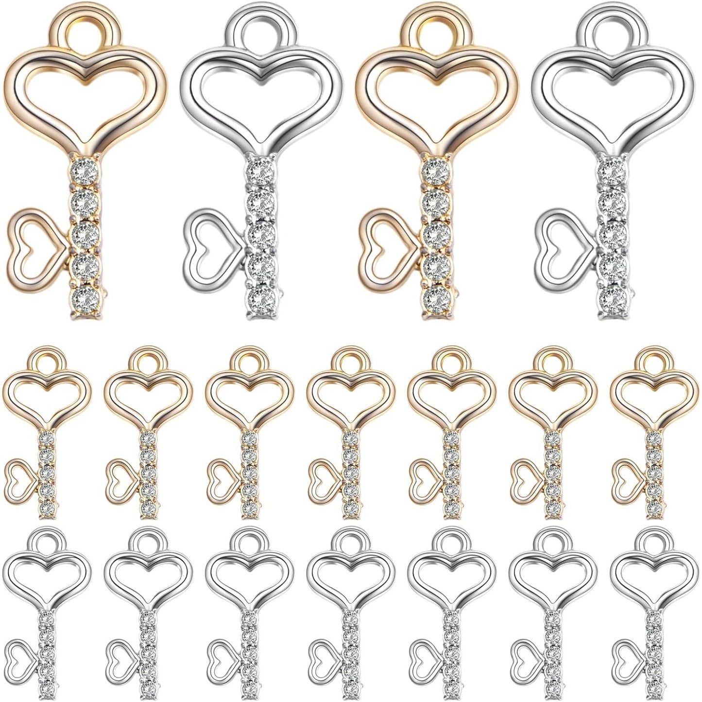 30pcs Heart Key Pendant Charms Mini Metal Heart Shape Key Pendants with Rhinestone Handmade Accessories for Bracelet Keychains Jewelry Making Valentine's Day Gifts, 2 Colors