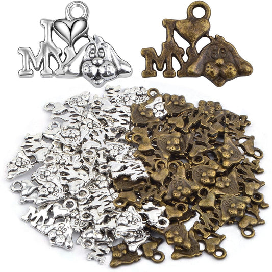 50pcs Tibetan Style Animal Pet Dog Word Charms Vintage Alloy Lettering I Love My Dog Pattern Dangle Pendants for DIY Bracelet Necklace Jewelry Making Findings, 2 Colors