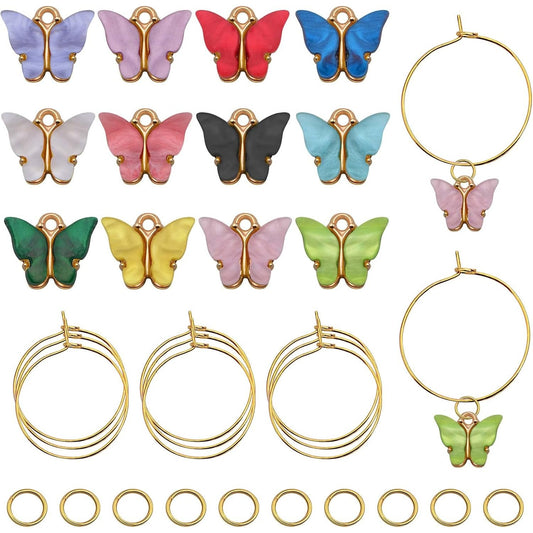 24pcs Golden Wine Glass Charms Rings Drink Marker and 24pcs KC Golden Open Jump Rings with 24pcs Acrylic Colorful Butterfly Charms for Stem Glasses Wine Tasting Party Decoration