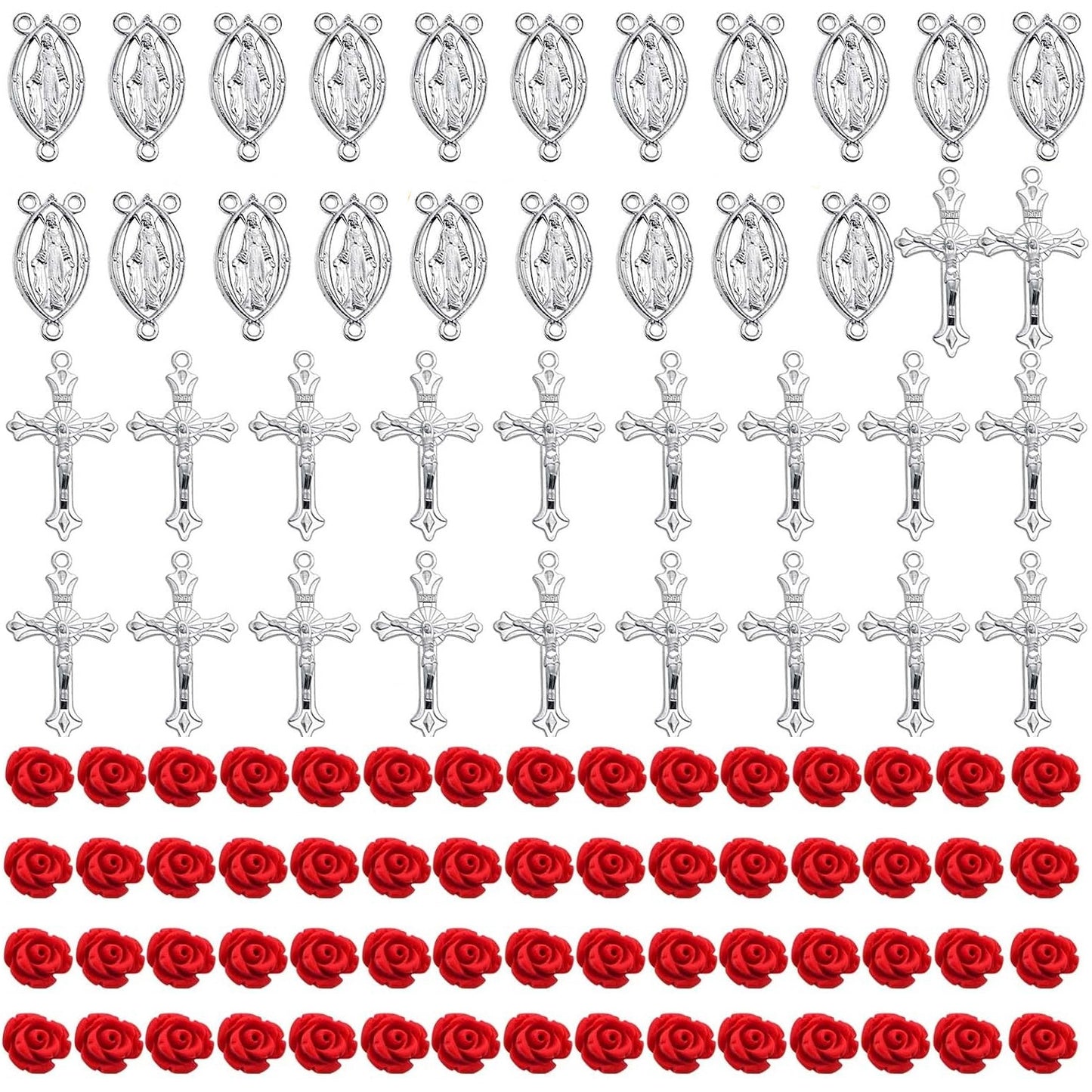 100pcs Rosary Cross and Center Charms 8mm Cinnabar Carved Red Rose Flower Beads Crucifix Cross Centerpiece Jesus Maria Medal Pendant Kit for Rosary Bracelet Necklace Jewelry Making