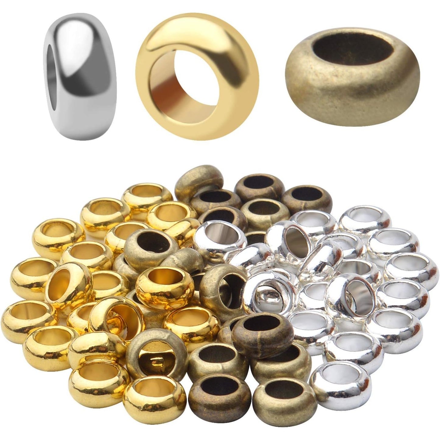 60pcs Rondelle Large Hole Spacer Beads Tibetan European Spacer Loose Hole Metal Beads for Necklace Bracelet Jewelry Making,10×6×5mm