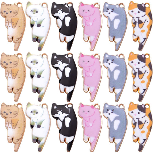 18pcs Gold Plated Enamel Cat Charms Pendants Alloy Cute Animal Charms for DIY Necklace Bracelet Earrings Jewelry Making Accessories Handmade Decoration, 6 Colors