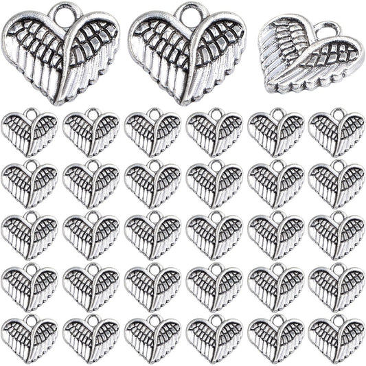 100pcs Antique Silver Angel Wings Feathers Charms Vintage Alloy Heart Shape Angel Wing Dangle Pendants for DIY Bracelet Necklace Jewelry Making Supplies Gifts