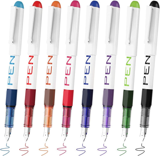 Aylifu Fountain Pens for Writing, 8 Pack Assorted Colors Fine Point Disposable Fountain Pens Stainless Steel Nib, Smooth Writing for Journaling, Drafting, Sketching, Doodling & Gifts