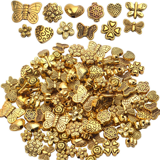 100 Gram(About 130-170pcs) Antique Gold Alloy Heart Butterfly Flower Beads Charm Bead Spacers Jewelry Findings Accessories for Bracelet Necklace Jewelry Making