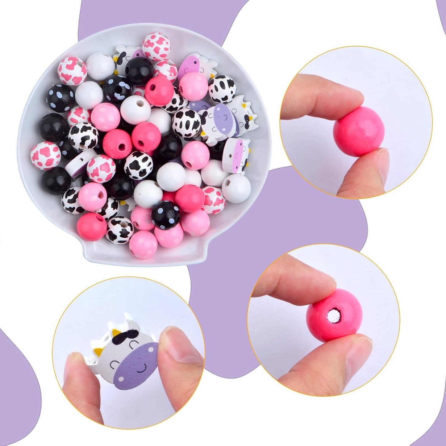 80pcs Mixed Cow Style Print Wood Beads Natural Round Wood Beads Handmade Polished Cow Spacer Beads with a Hemp Rope for DIY Crafts Garland Jewelry Making Party Decoration