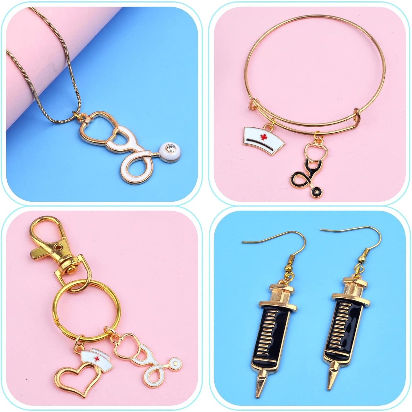 18pcs KC Golden Plated Enamel Medical Nurse Charms Heart Stethoscope Syringe Nurse Cap Hat Pendants Charms for DIY Necklace Bracelet Jewelry Making Crafting, 9 Styles