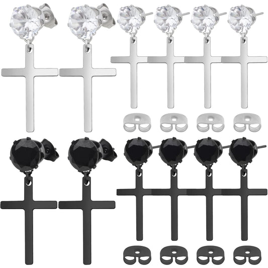 12pcs Hypoallergenic Cubic Zirconia Cross Stud Earrings Stainless Steel Dangle Earrings Rhinestone Cross Drop Charms Hoop Earrings for Women Men Earrings Making, 2 Colors