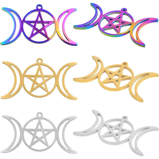 9pcs Triple Moon Goddess Charms Stainless Steel Pentacle Pentagram Pendants Crescent Moon and Star Charms for DIY Necklace Bracelet Earrings Jewelry Craft Making, 3 Colors