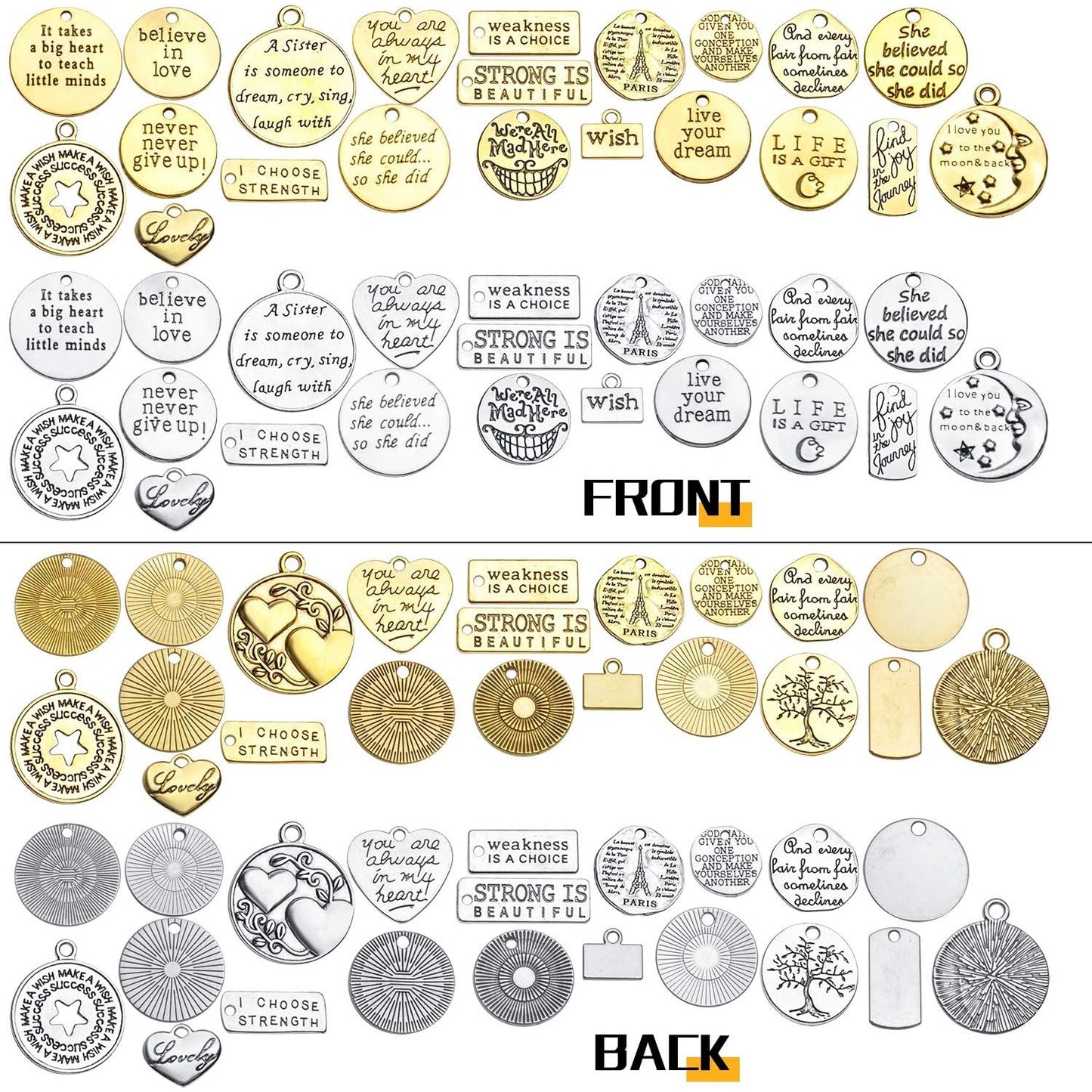 Words Pendant Charms, 46pcs Inspirational Words Charms Alloy Message Bead Pendants Accessory for DIY Necklace Bracelet Jewelry Making Crafting, Antique Golden and Silver