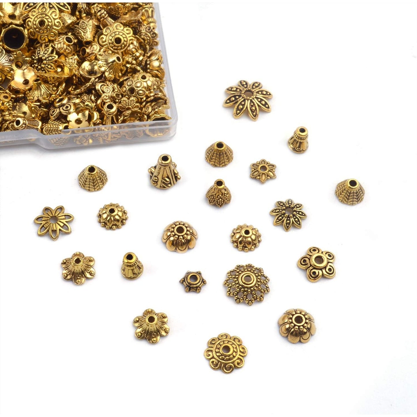 120g Bead Caps with A Clear Storage Box, Tibetan Gold Beads Spacers Jewelry Findings Accessories for Jewelry Making 300-350 Pieces