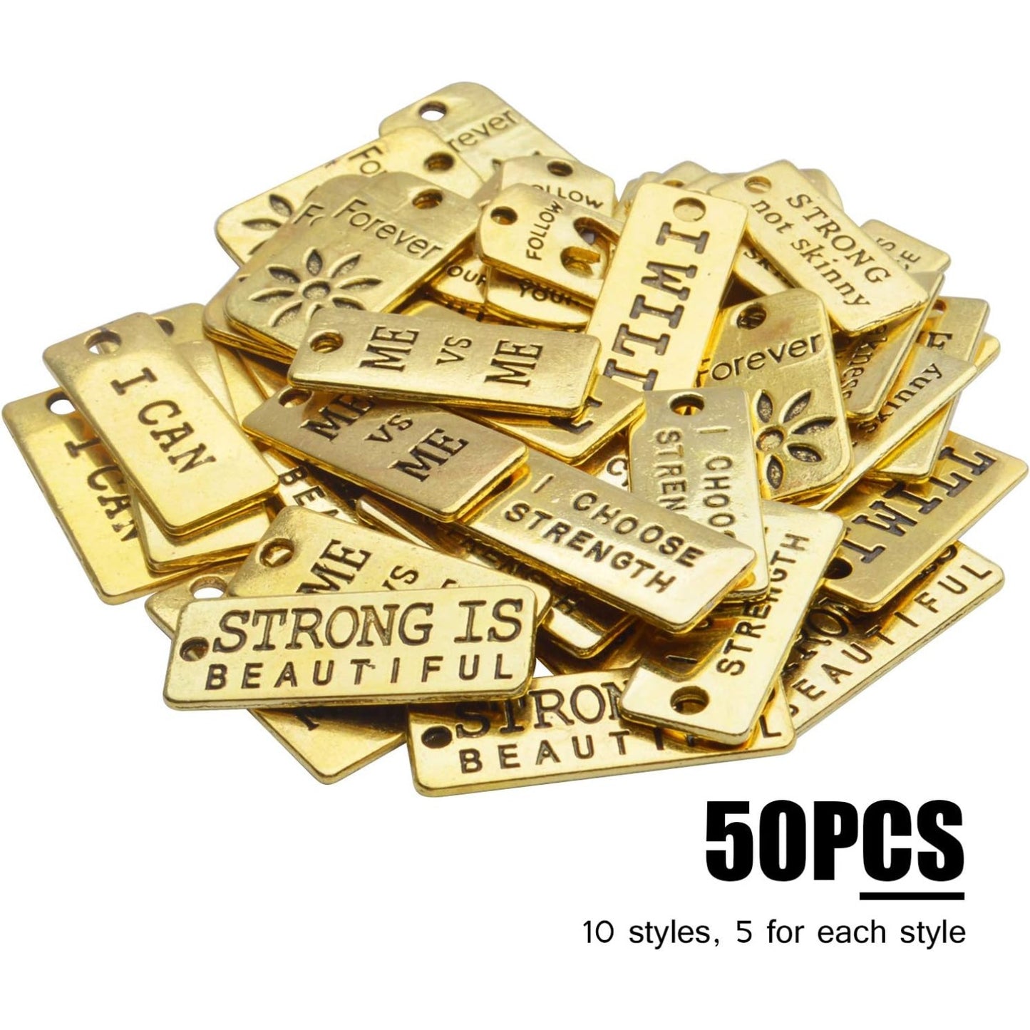 Word Pendants Charms,50pcs Inspiration Words Charms Golden Lettering Pendants Engraved Message Charm Craft Supplies for Jewellery Making DIY Necklace Bracelet Earrings,10 Styles