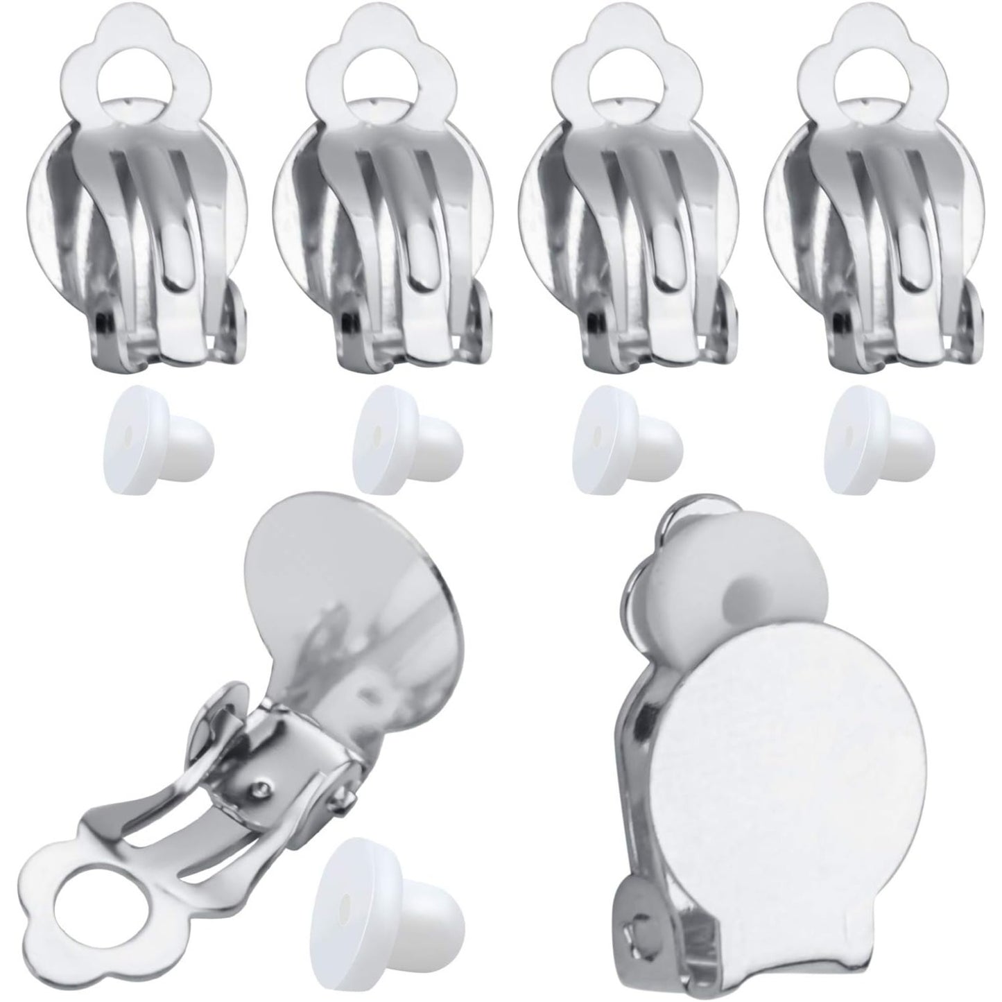 50pcs Round Flat Back Tray Earring Clips Non Pierced Earring Components and 50pcs Soft Cushion for DIY Earrings Jewelry Making,Silver