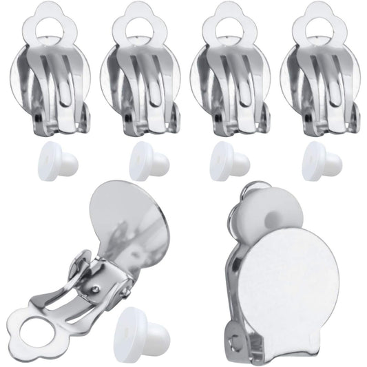 50pcs Round Flat Back Tray Earring Clips Non Pierced Earring Components and 50pcs Soft Cushion for DIY Earrings Jewelry Making,Silver