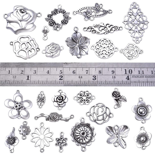 52pcs 26 Styles Flower Connector Charms Tibetan Alloy Rose Flower Pendants Beads Jewelry Connectors for DIY Necklace Bracelet Earrings Jewelry Making, Antique Silver
