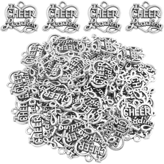 50pcs Antique Silver Heart Shape Cheerleading Charms Tibetan Alloy I Love Cheer Leading Pendants Craft Supplies for DIY Necklace Bracelet Jewelry Making Cheerleader Gifts