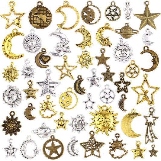 100 Gram Mixed Sun Moon Star Charms Celestial Pendants Alloy Sun Smile Pentagram Dangle Charms Collection for Necklace DIY Jewelry Making Crafting