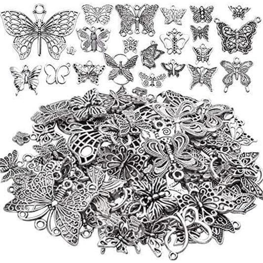 100g Craft Supplies Antique Silver Mixed Butterfly Charms Fly Insect Pendant Charms for DIY Necklace Bracelet Crafting,30-60pcs
